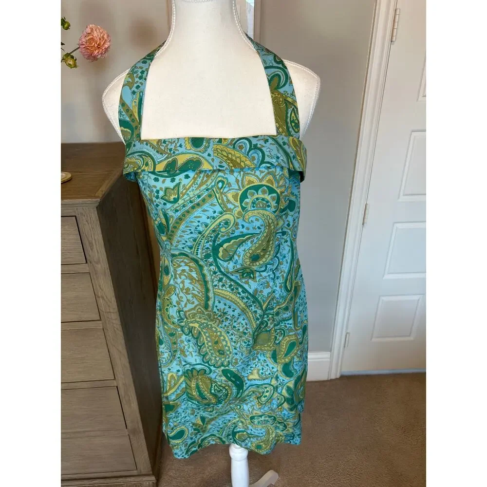 Alyn Paige | Blue/Green Paisley Halter Sheath Dress | 9/10 - Picture 4 of 12